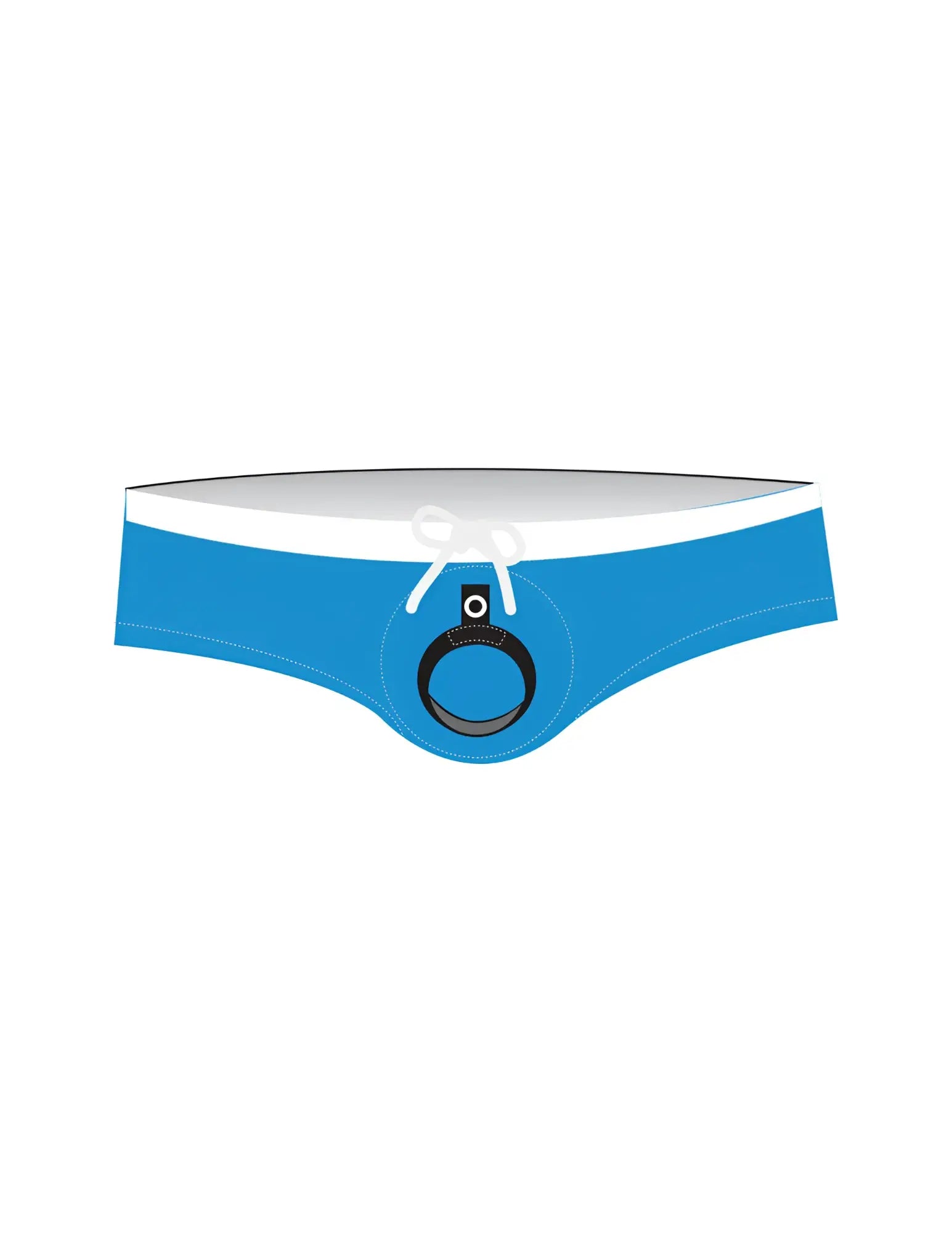 Wildmant banned swim trunks in teal with a white waistband and a black ball lifter cock ring detail at the front