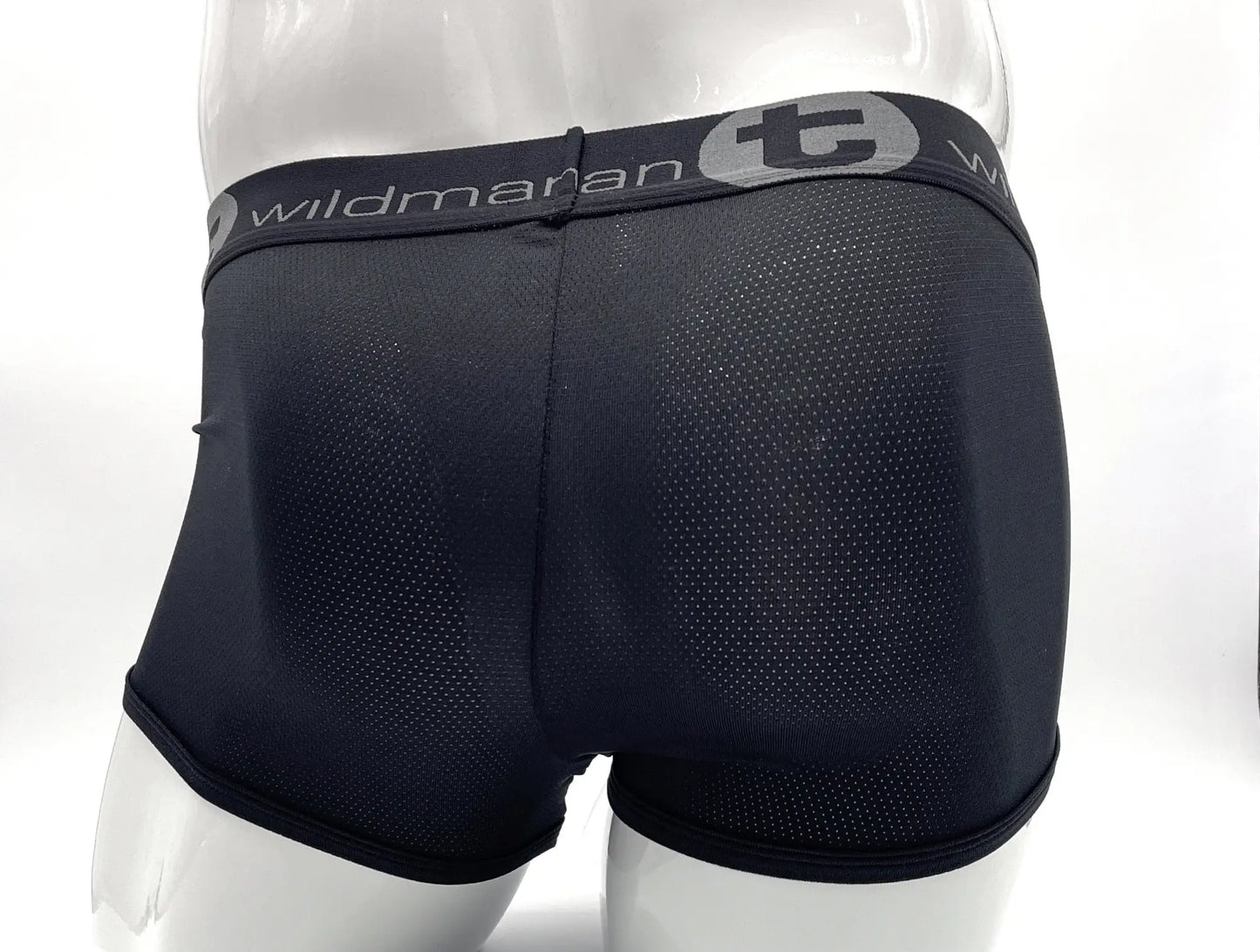 Black mesh athletic briefs with branded elastic waistband wildmant big boy mesh pouch boxer brief black front view