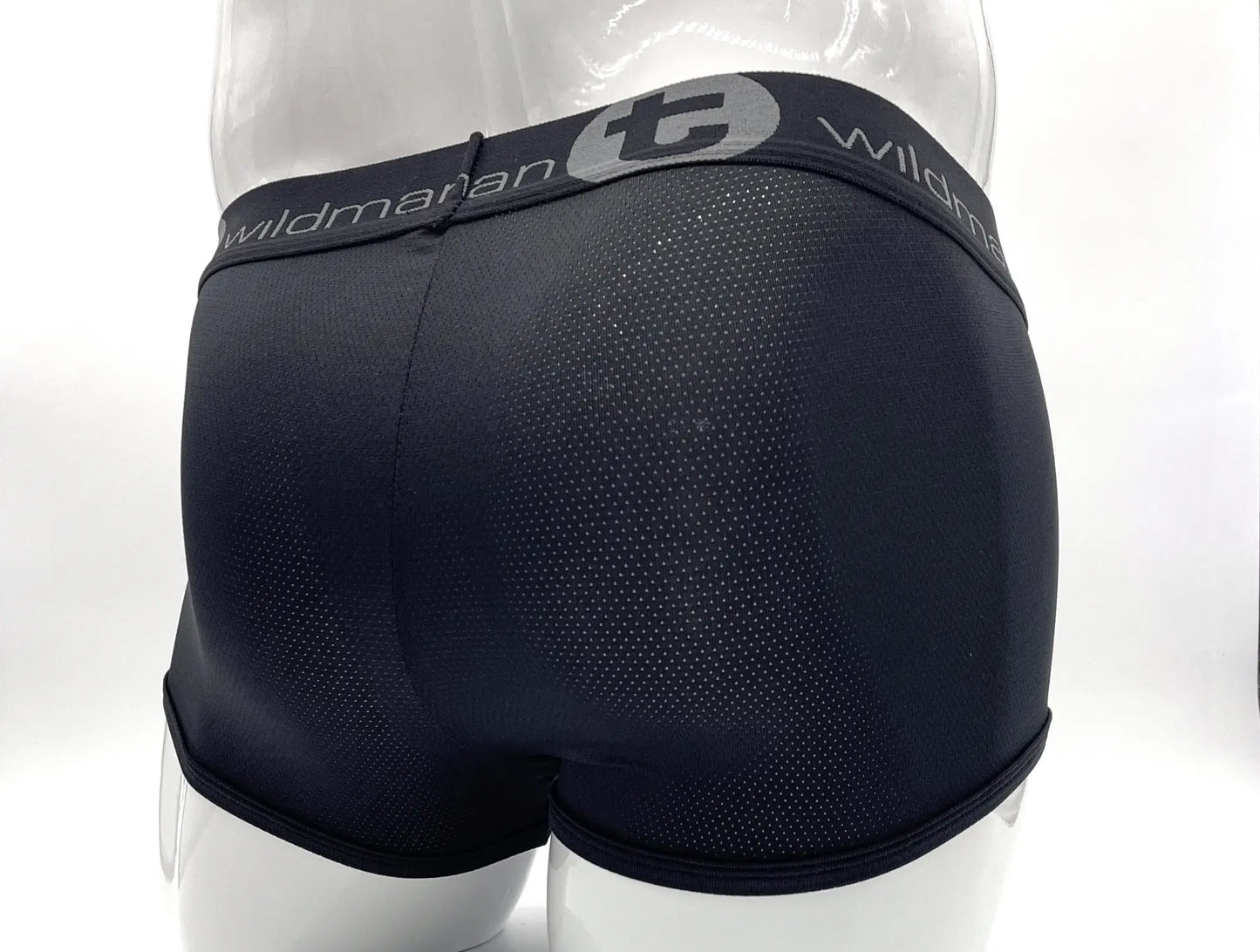 Black mesh WildmanT Big Boy mesh pouch boxer brief with gray elastic waistband featuring Wildman logo