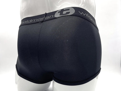 Black mesh WildmanT Big Boy mesh pouch boxer brief with gray elastic waistband featuring Wildman logo