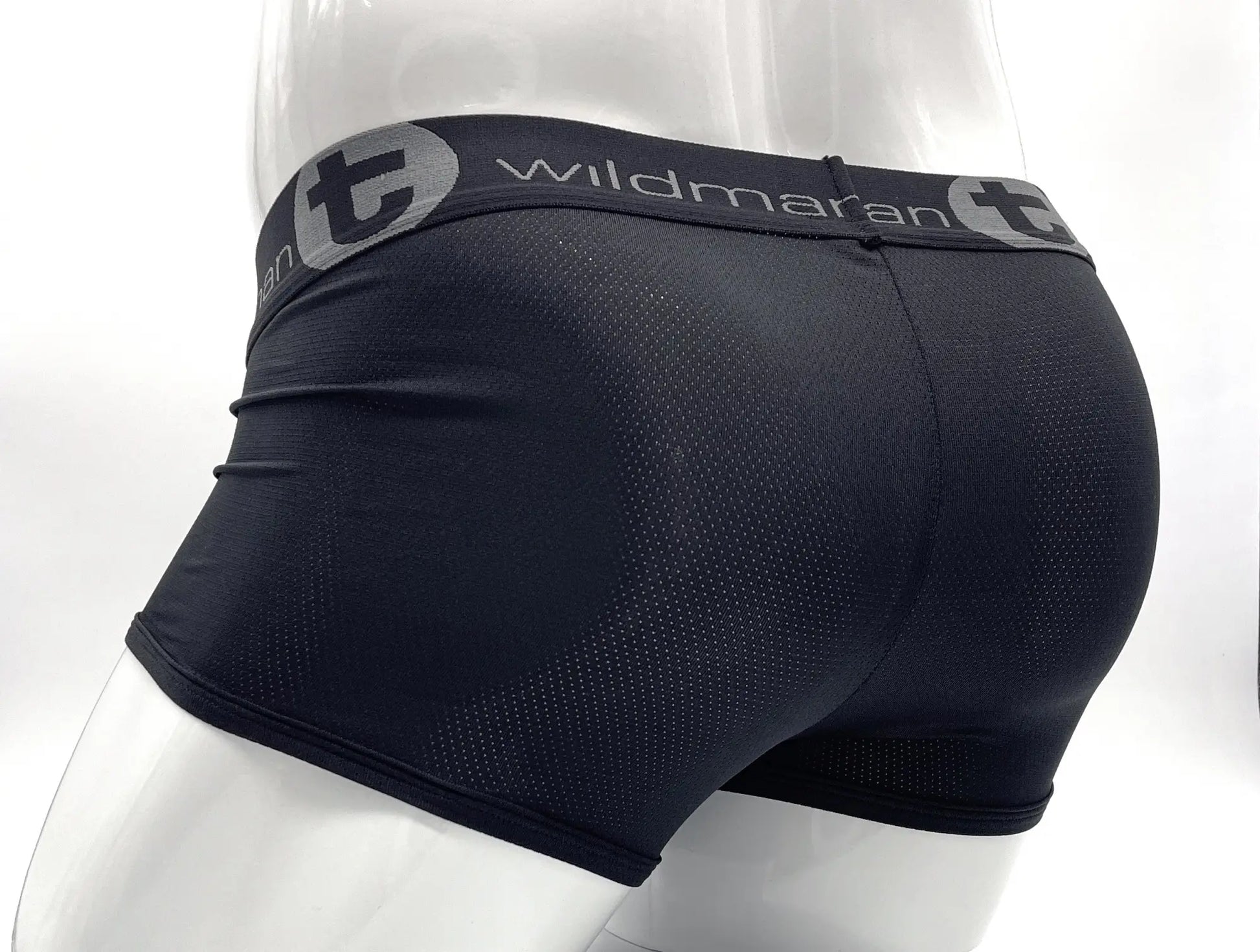 Wildmant big boy mesh pouch boxer brief black in black mesh with gray elastic waistband featuring wildmaran logo