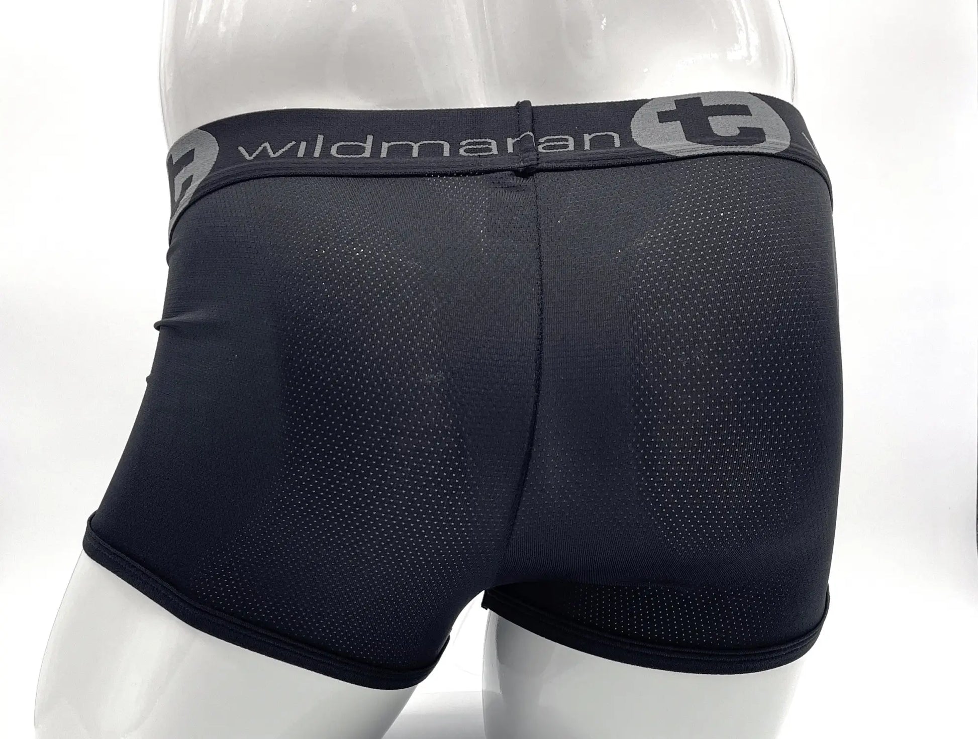 WildmanT big boy mesh pouch boxer brief in black with gray wildmaran logo on waistband and breathable mesh material
