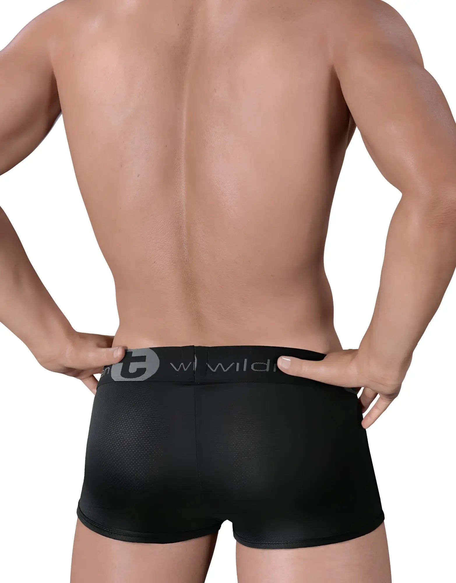 WildmanT Big Boy mesh pouch boxer brief black sleek faux leather with textured finish and wild logo waistband