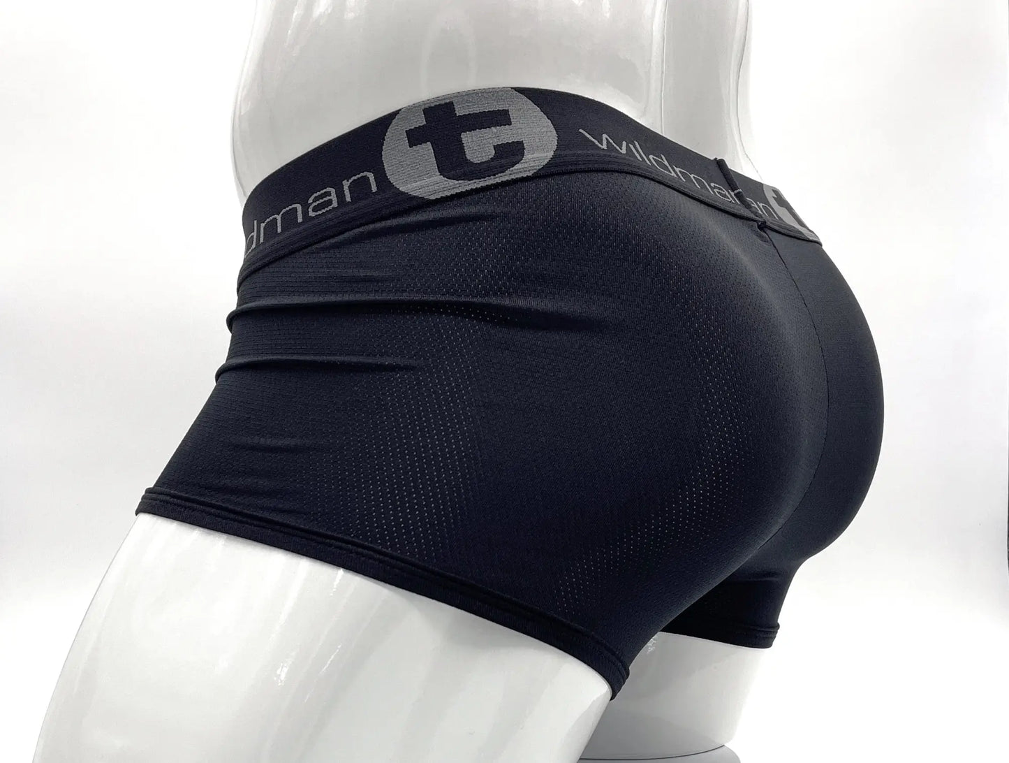Black wildman big boy mesh pouch boxer brief with textured stretchy fabric and gray logo waistband detailing