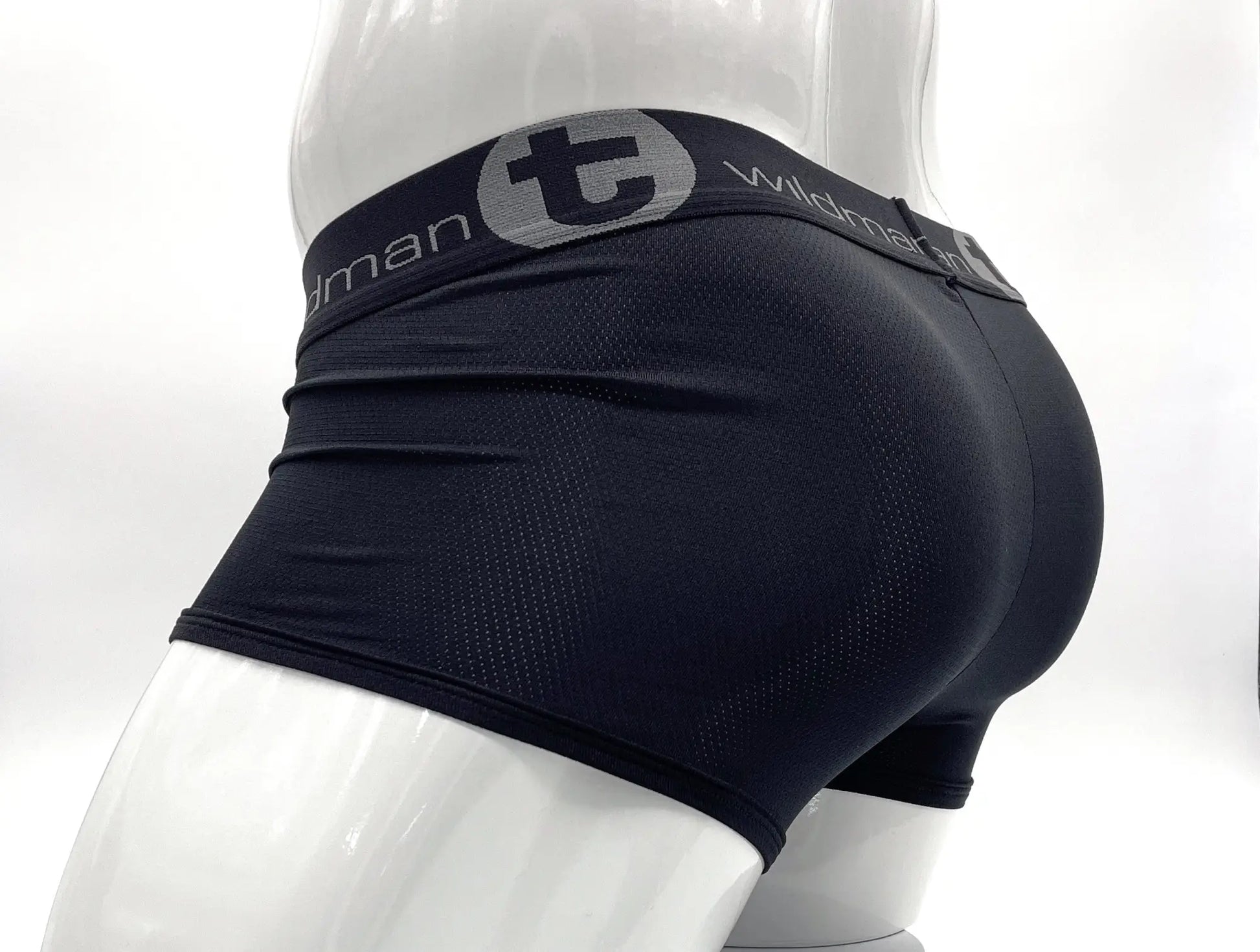 Black wildman big boy mesh pouch boxer brief with textured stretchy fabric and gray logo waistband detailing