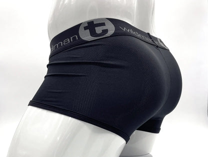 Black wildman big boy mesh pouch boxer brief with textured stretchy fabric and gray logo waistband detailing