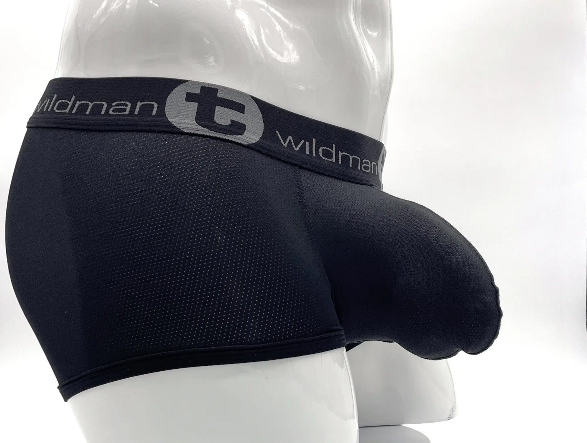 Wildmant big boy mesh pouch boxer brief black with textured mesh fabric and elastic waistband with gray wildman lettering