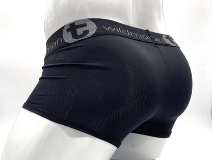 WildmanT big boy mesh pouch boxer brief black with gray elastic waistband featuring brand logo and name