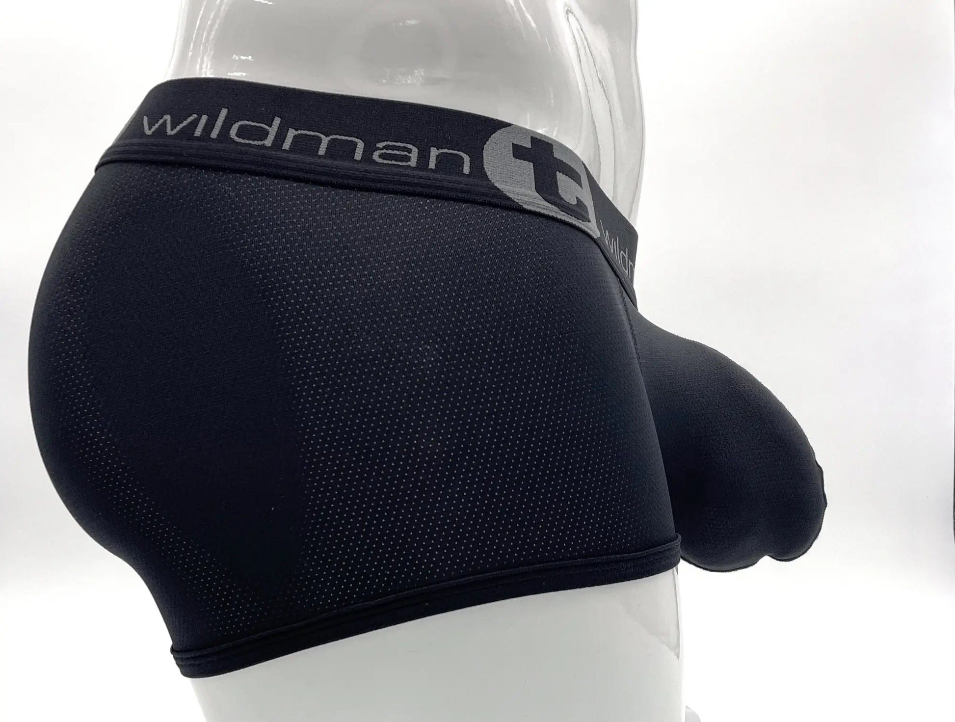 Black wildmant big boy mesh pouch boxer brief with textured fabric and elastic waistband featuring brand logo