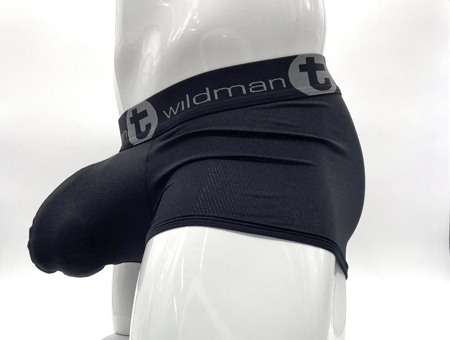 Black wildman t-logo boxer briefs with a textured fabric waistband in breathable mesh pouch design