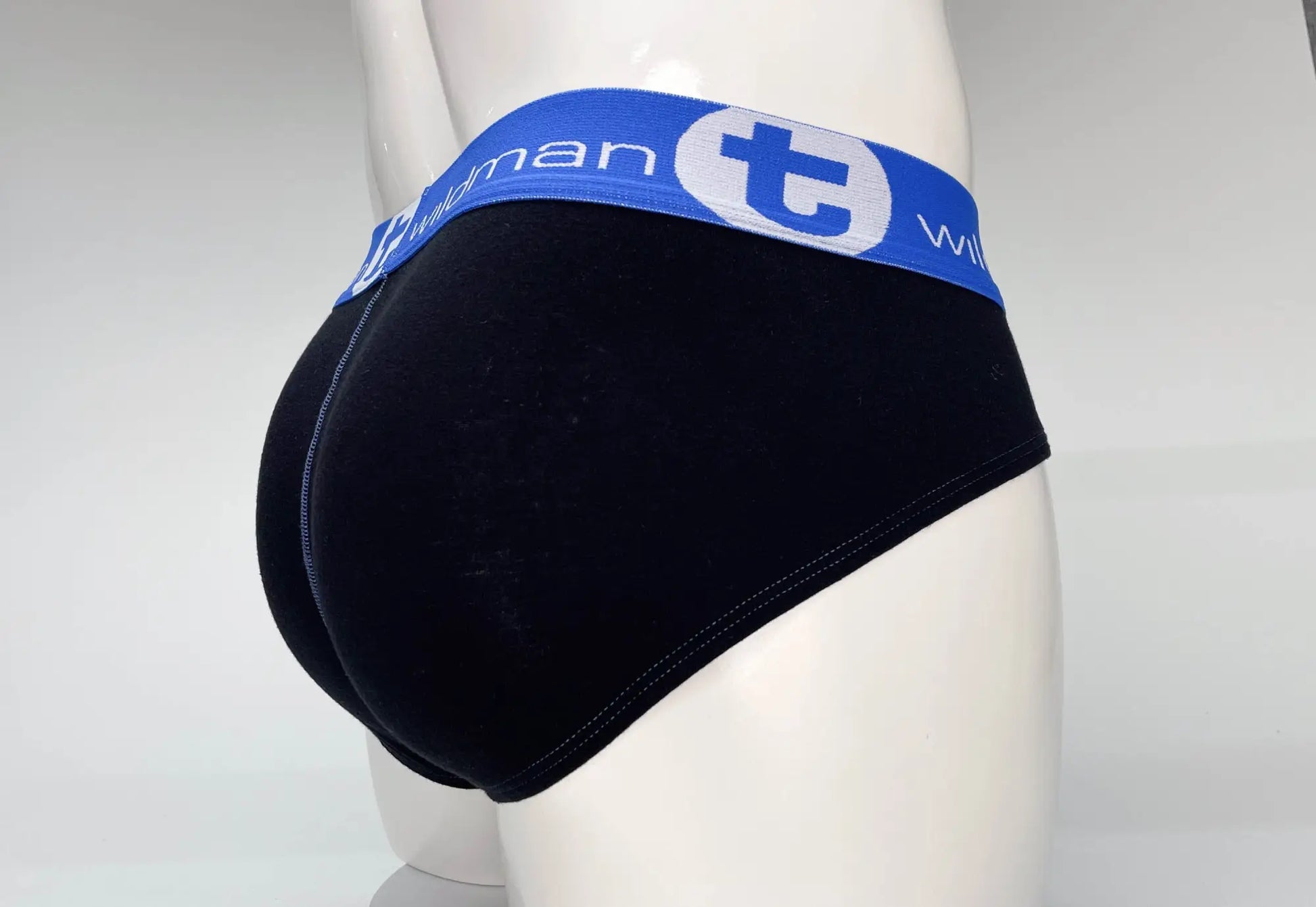 Black cotton briefs with blue elastic waistband featuring t logo and brand name wildmant big boy pouch design