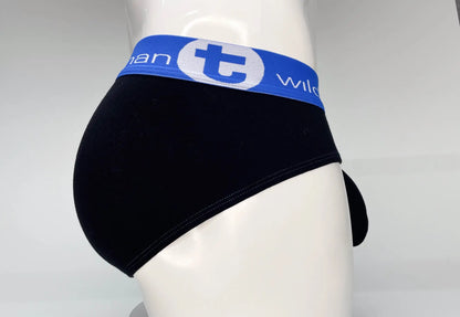 Black cotton wildmant big boy pouch brief with blue elastic waistband featuring t wild logo