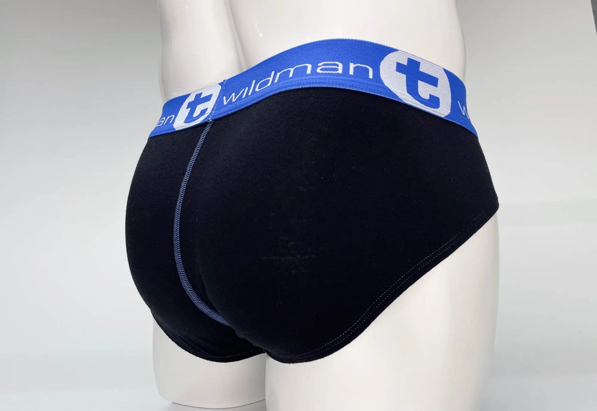 Black cotton briefs with blue elastic waistband featuring wildman logo and white lettering wildmant big boy pouch