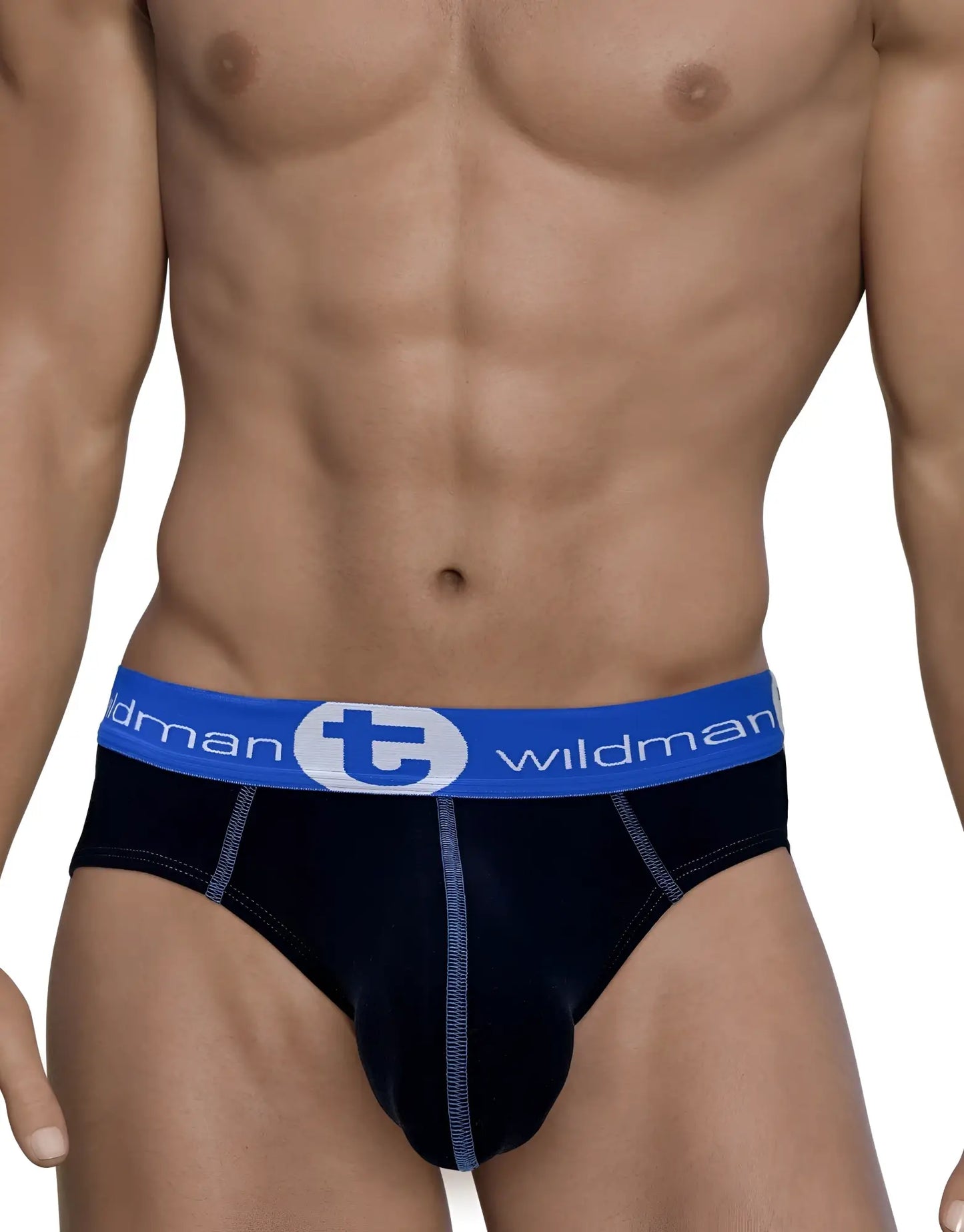 Black cotton wildmant big boy pouch briefs with blue elastic waistband and white wildman logo lettering