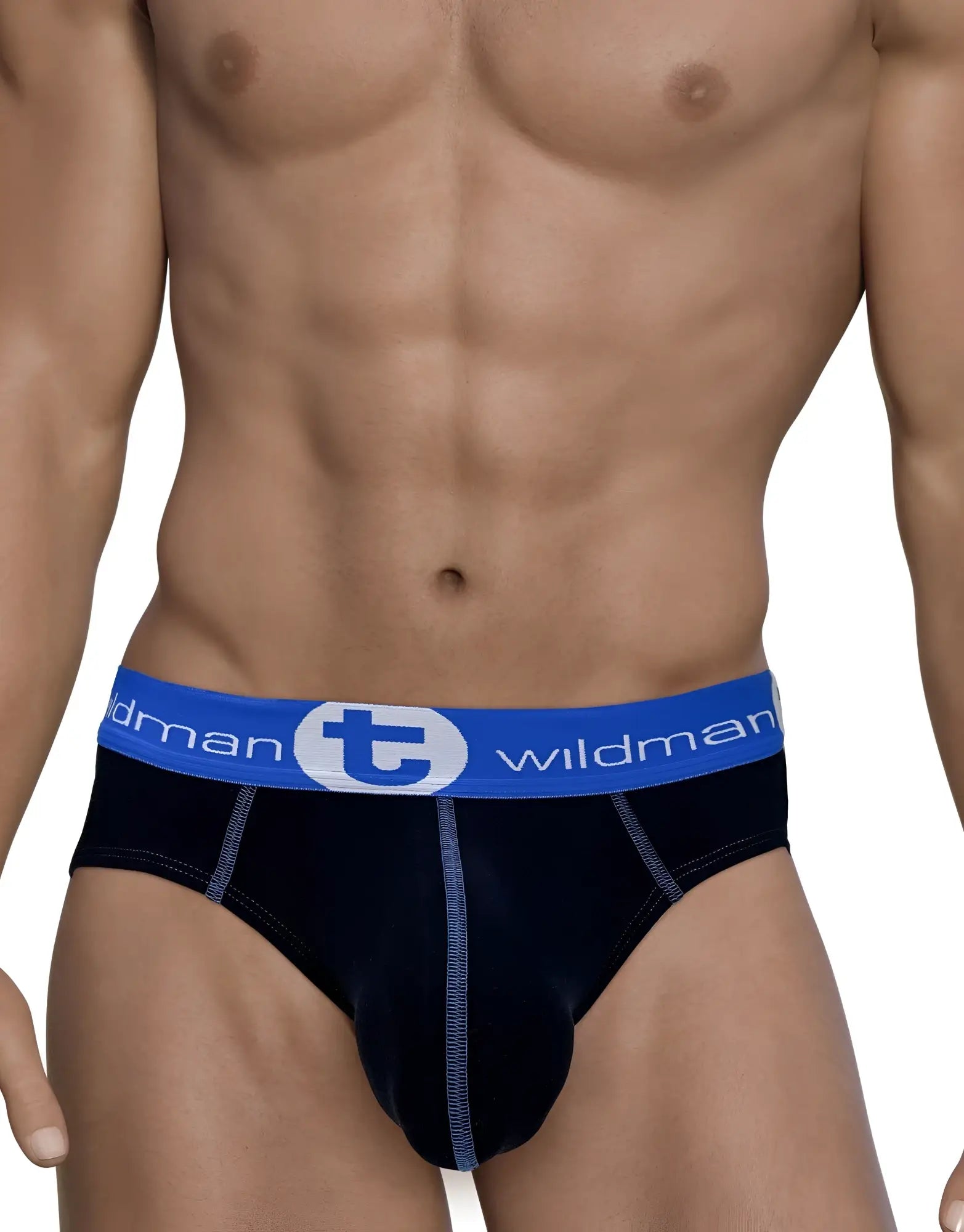 Black cotton wildmant big boy pouch briefs with blue elastic waistband and white wildman logo lettering