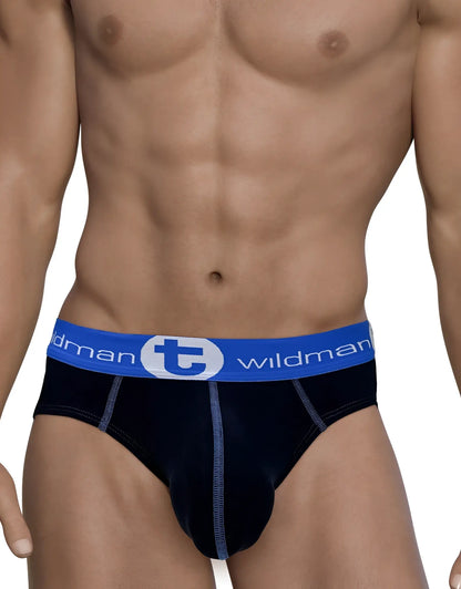Black cotton wildmant big boy pouch briefs with blue elastic waistband and white wildman logo lettering