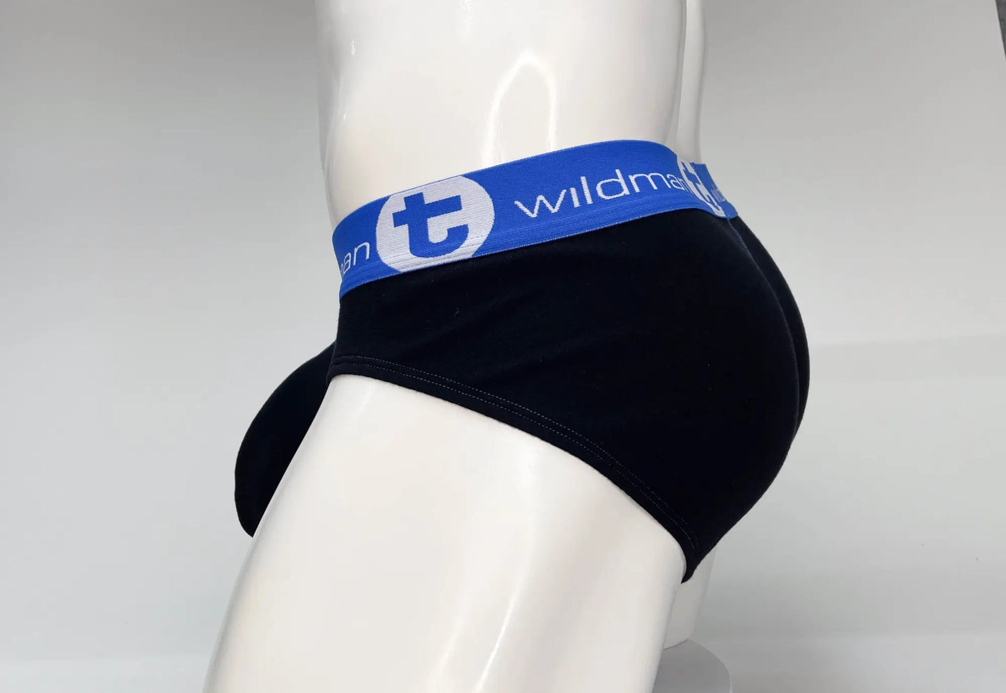 Wildmant big boy pouch cotton brief in black with blue elastic waistband featuring wildme logo in white lettering