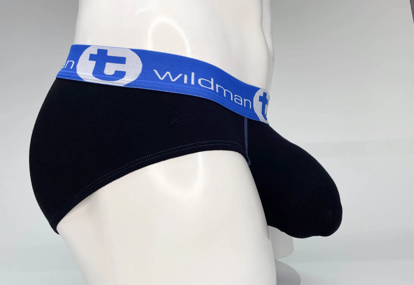 Black mens cotton briefs with blue elastic waistband and wildman logo white lettering wildmant big boy pouch design