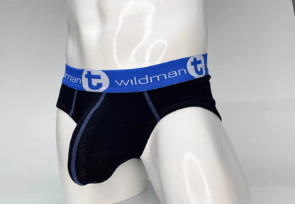 Black wildman big boy cotton briefs with blue elastic waistband and white logo lettering front view