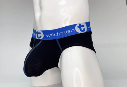 Black wildmanT big boy pouch cotton briefs with blue elastic waistband and white wildman logo lettering