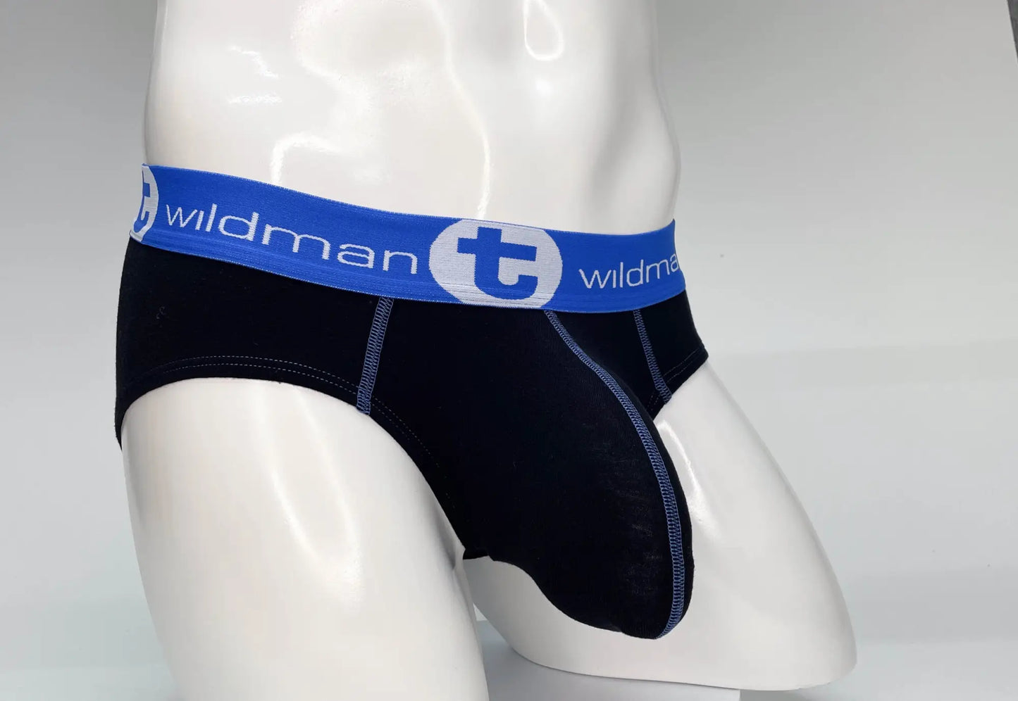Black cotton wildman big boy pouch briefs with blue elastic waistband featuring wildman logo and lettering