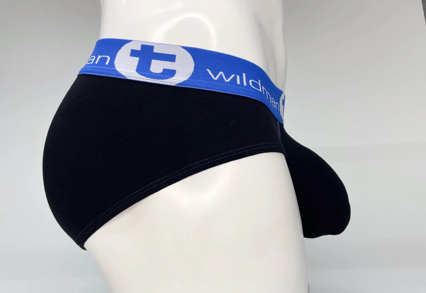 Black big boy pouch cotton briefs with blue elastic waistband and wildman logo white lettering