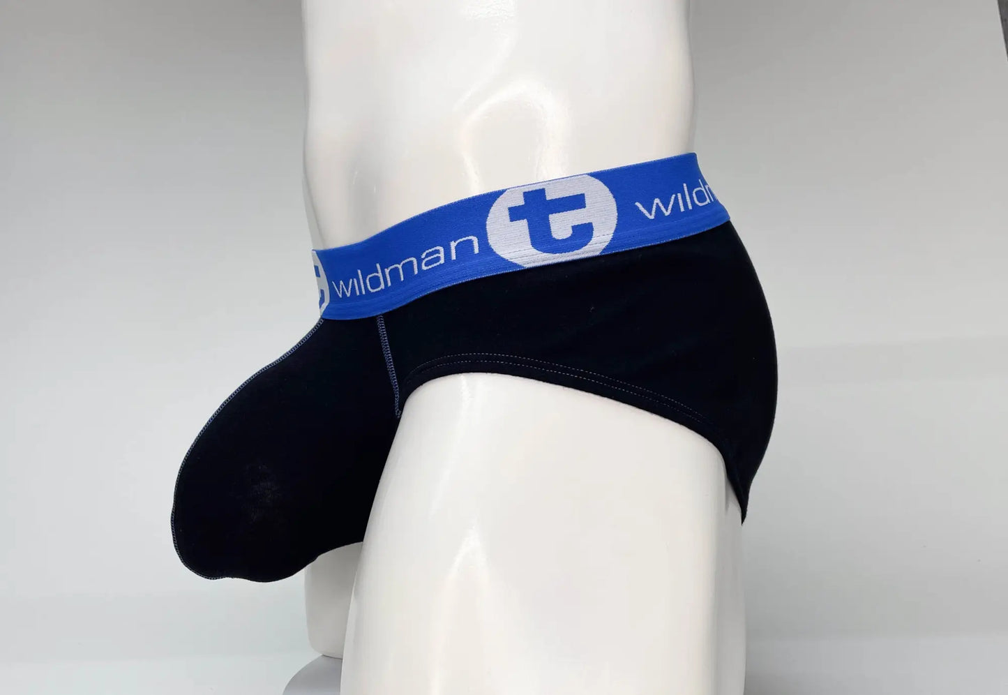 Black men’s cotton briefs with blue elastic waistband featuring wildman brand logo and white lettering