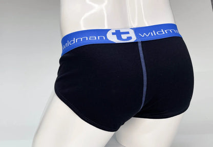 Black cotton briefs with blue waistband featuring wildman brand logo and white lettering big boy pouch design