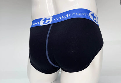 Black cotton briefs with blue waistband featuring wildman logo and white lettering designed for big boy pouch support