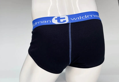 Black cotton briefs with blue waistband and white wildman logo featuring big boy pouch design