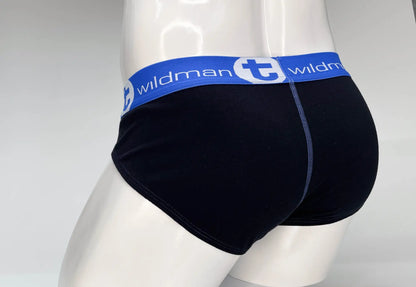 Black cotton briefs with blue waistband and wildman logo featuring white lettering wildmant big boy pouch design