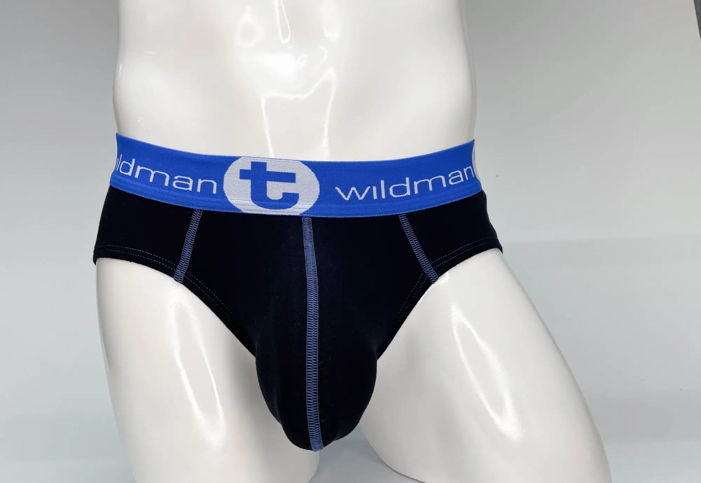 Black cotton wildmanT big boy pouch brief with blue waistband and white wildman logo lettering