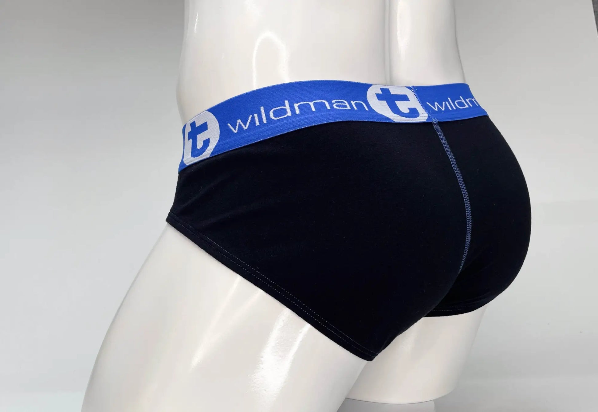 Wildmant big boy pouch cotton briefs in black with blue waistband featuring wildman t logo in white