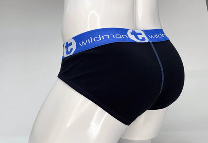 Wildmant big boy pouch cotton briefs in black with blue waistband featuring wildman t logo in white