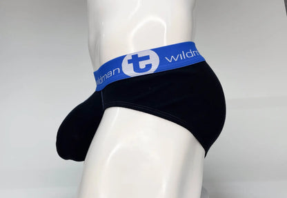 Black wildman brief with blue elastic waistband featuring t logo made of cotton for big boy pouch comfort