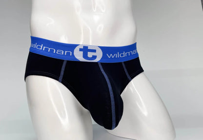 Black wildman briefs with blue elastic waistband featuring white wildmant logo and name cotton pouch design