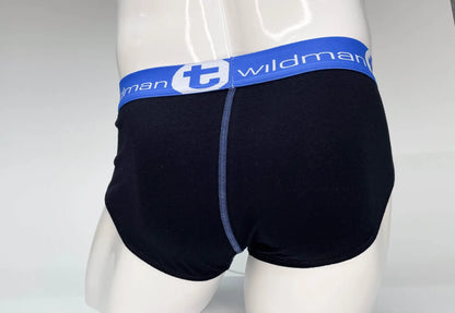 Black wildman men’s cotton briefs with a big boy pouch and blue elastic waistband featuring brand logo