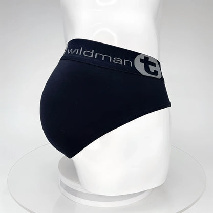 Black cotton wildmant big boy pouch brief with gray elastic waistband featuring wildman t logo