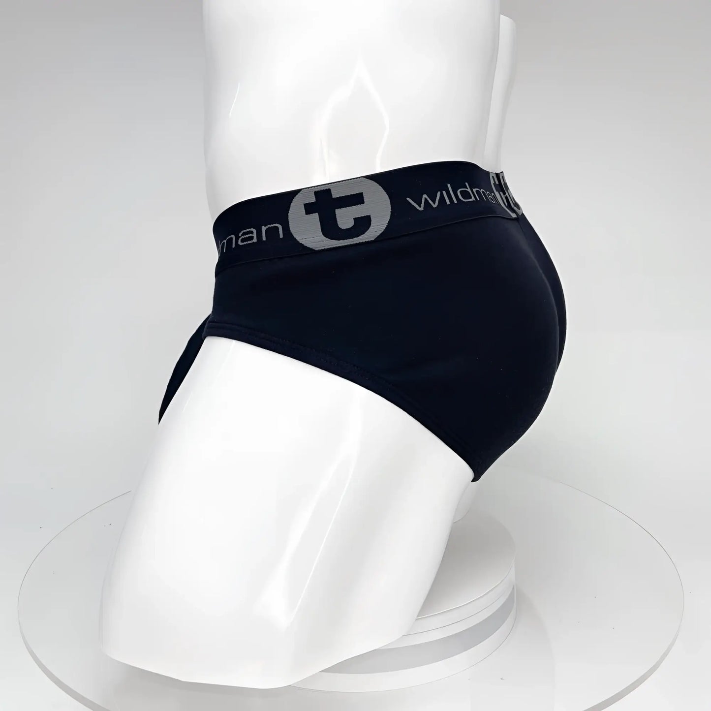 Black big boy pouch cotton briefs with gray elastic waistband featuring the wildmant logo