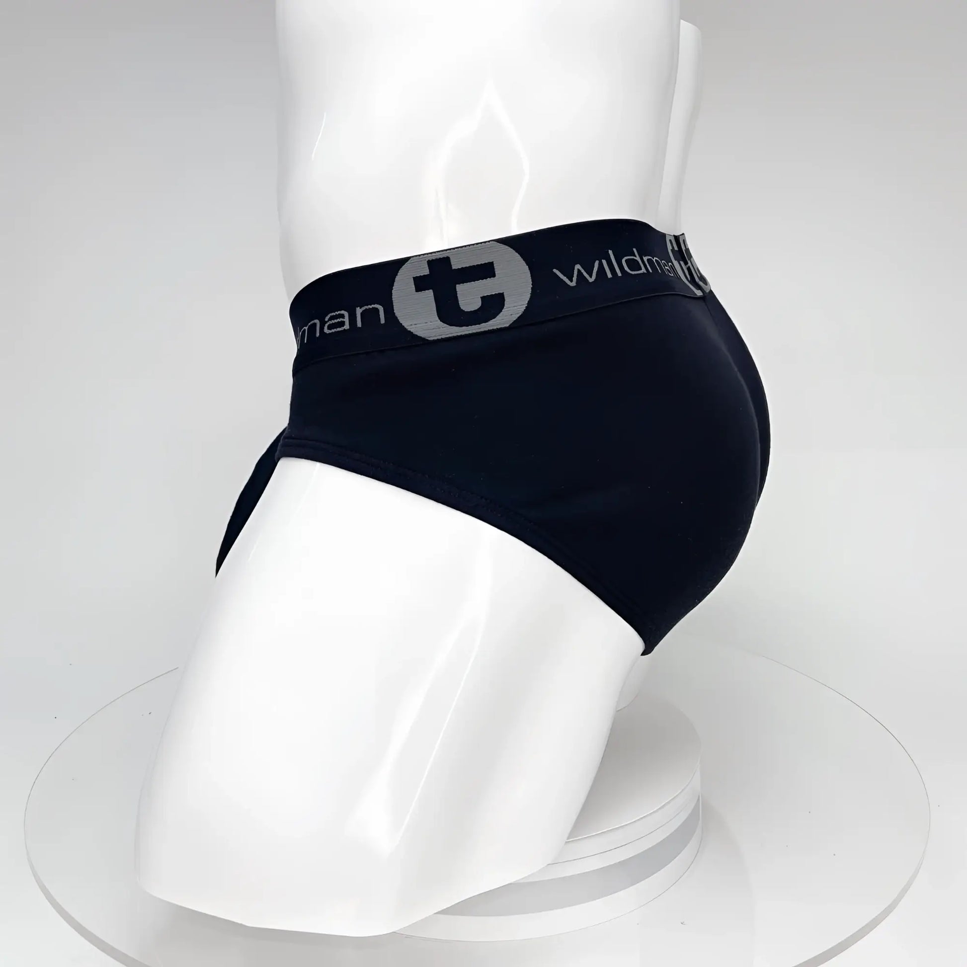 Black big boy pouch cotton briefs with gray elastic waistband featuring the wildmant logo