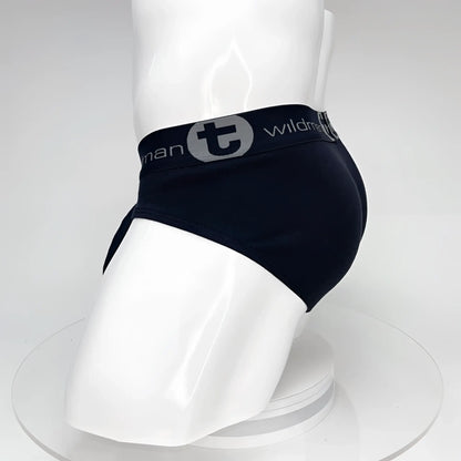Black big boy pouch cotton briefs with gray elastic waistband featuring the wildmant logo