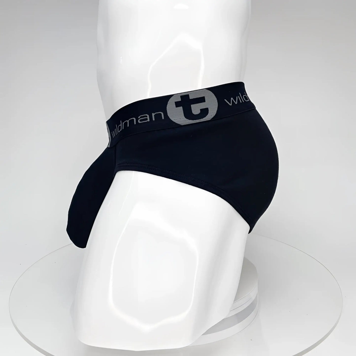 Black wildmant big boy pouch cotton briefs with gray logo band and stylized t emblem front view