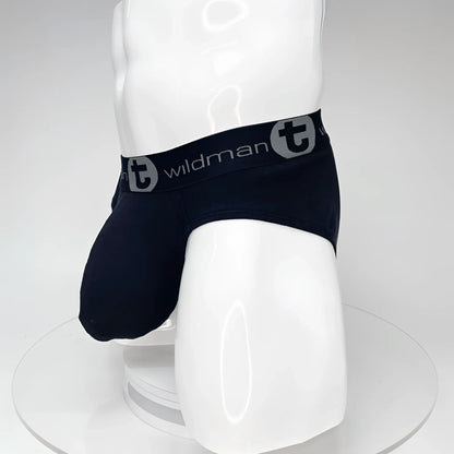 Black wildman big boy pouch cotton briefs with gray logo band designed for men in black color