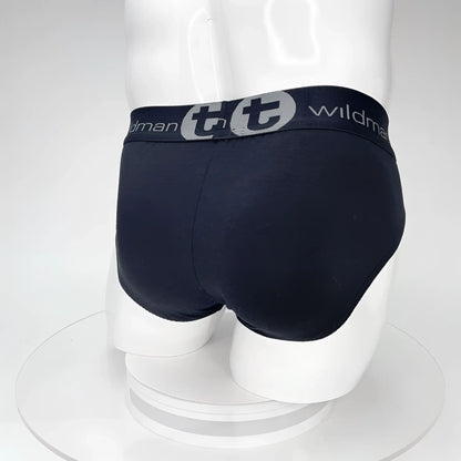 Black wildman briefs with a gray logo band featuring a big boy pouch in soft cotton for comfortable wear