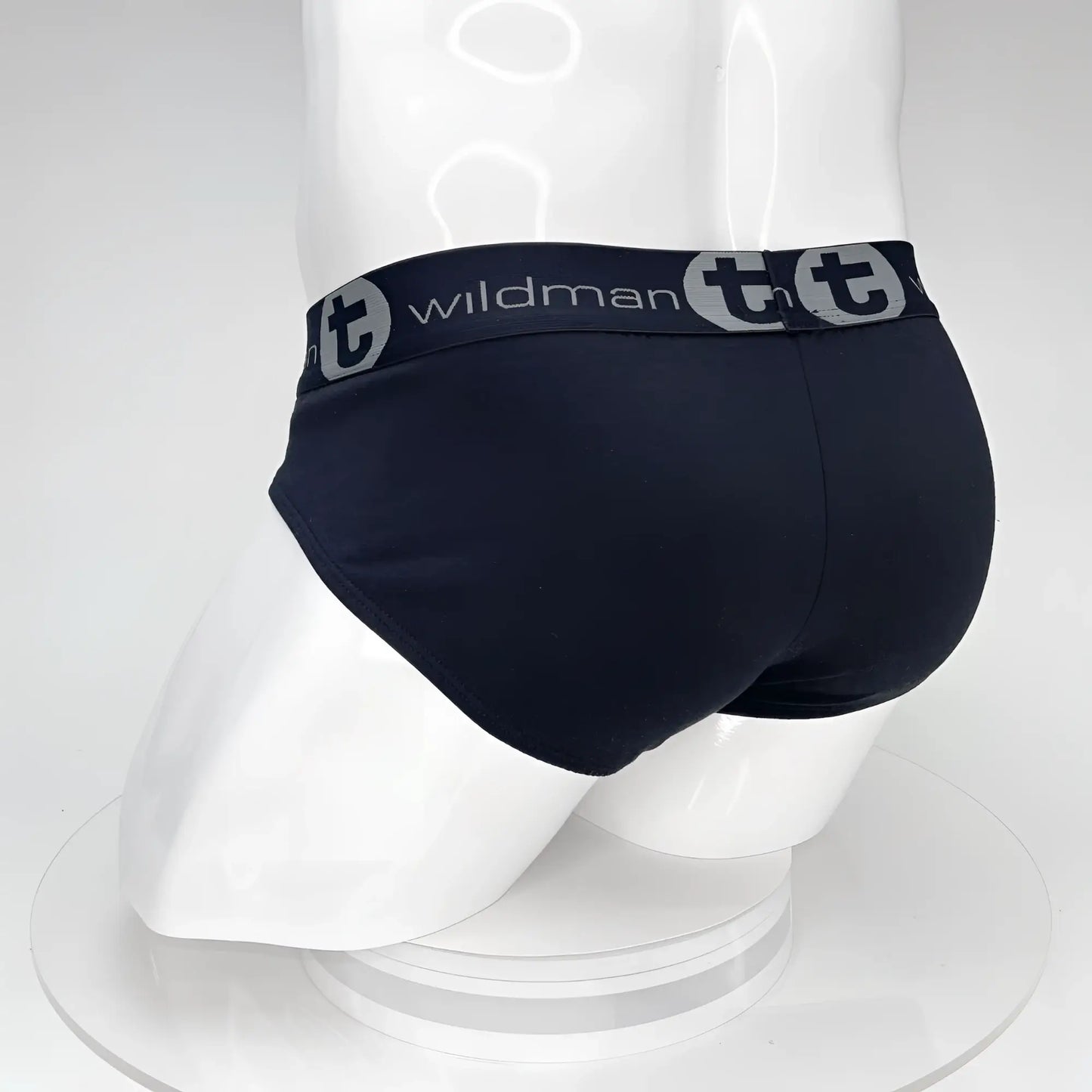Black wildmanT big boy pouch cotton briefs with gray logo band showing front side design and fit