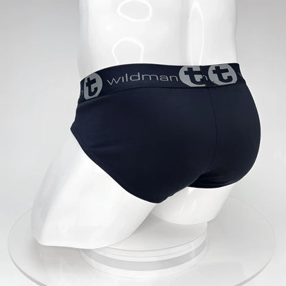 Black wildmanT big boy pouch cotton briefs with gray logo band showing front side design and fit