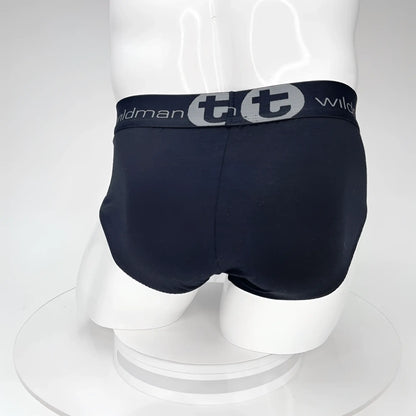 Black wildman briefs with gray logo band featuring big boy pouch cotton design for comfortable wear