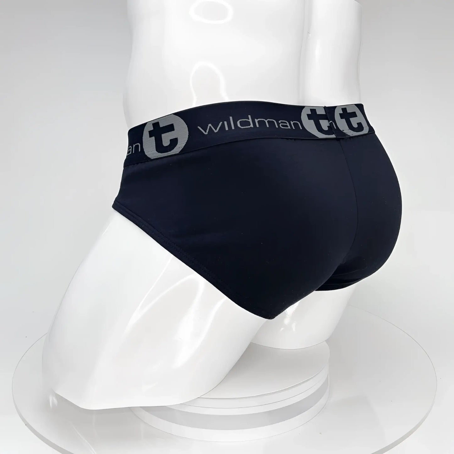 Black wildmanT big boy pouch cotton brief with gray logo band showing front side and comfortable fit