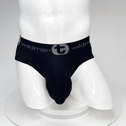 Black wildman men’s cotton briefs with gray logo band featuring big boy pouch for comfortable support
