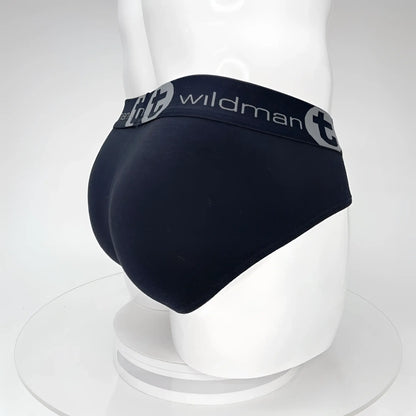 Black wildman men’s briefs with big boy pouch cotton fabric and gray logo band for comfortable support